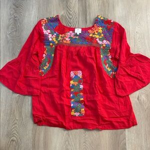 J. MARIE Floral Embroidered Linen Blend Boho Blouse size XS peasant colorful